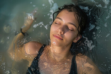 Mujer con los ojos cerrados nadando en el agua en la playa. - obrazy, fototapety, plakaty