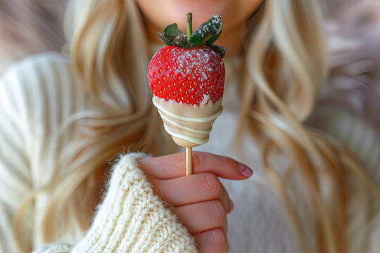 Mujer con una brocheta de fresas cubiertas de chocolate blanco.