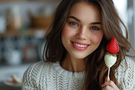 Mujer con una brocheta de fresas cubiertas de chocolate blanco.