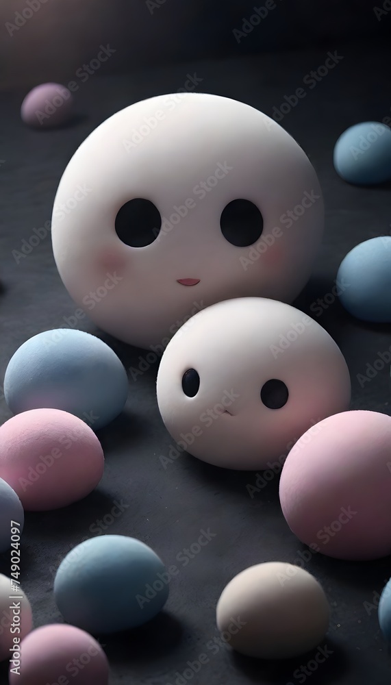 Poster a whimsical round character with large, expressive eyes sits surrounded by soft pastel spheres, crea