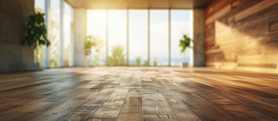 Fototapeta premium An empty room with wooden floors and large windows, creating a spacious and bright atmosphere. The room features blank walls suitable for business use or displaying paintings. The natural light from