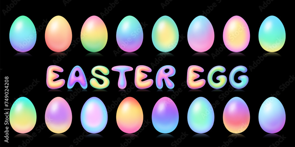 Poster set of 3d gradient easter eggs in luminescent neon colors, vector isolated multicolored eggs for spr