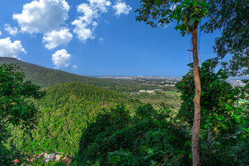Panorama view of Chiangmai Chiang Mai city taken from Doi Suthep Mountains. Lovely views of the Old city at Sunset Sunrise lovely tropical mountains and beautiful nature in the foreground