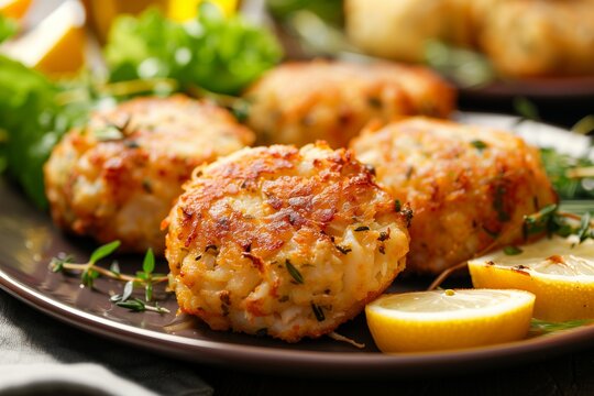 Delicious Crab Cakes Garnished with Fresh Herbs and Citrus