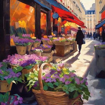 Oil painting of baskets of colorful hydrangea flowers in the street market in France	