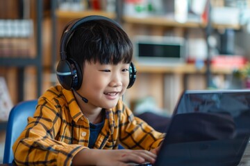 Happy boy wearing headphones intently using a laptop, which suggests a focus on learning or gaming