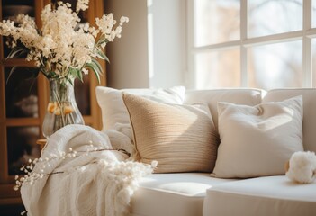 white couch with pillows and other things in a living room