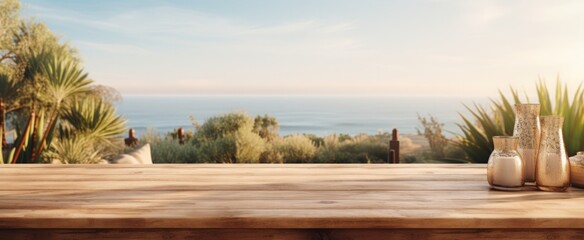 wooden table with a blurry ocean view