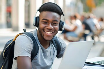 A cheerful young man wearing headphones uses his laptop outside, a backpack hinting at a student lifestyle