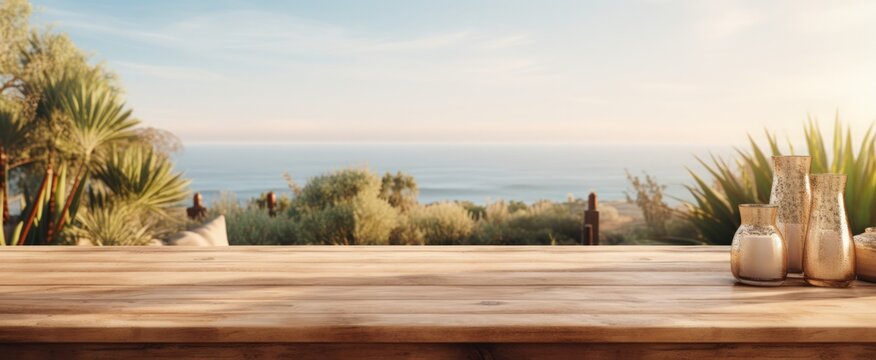 wooden table with a blurry ocean view