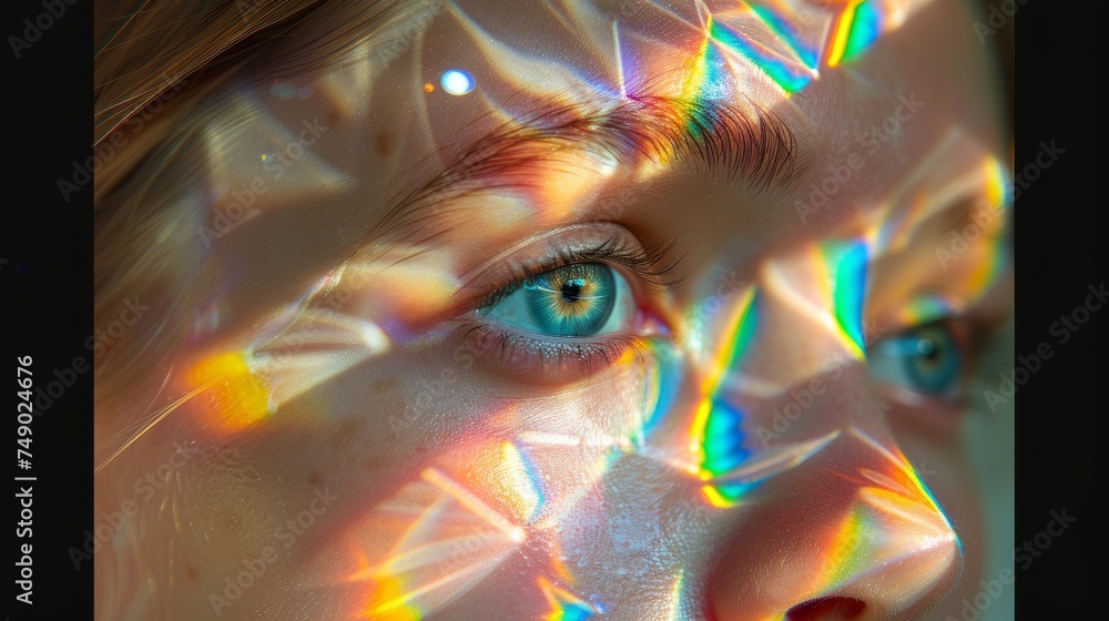 Poster Image featuring an abstract play of multicolored light flares creating a vibrant background on a brown surface