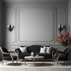 A traditional black decor featuring wall moldings, a coffee table, flowers, and armchairs. 3D render mockup of an illustration.