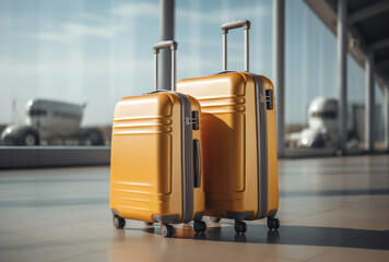 two yellow luggages with an airplane in the background