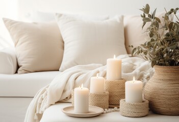 Fototapeta na wymiar white sofa with candles and pots