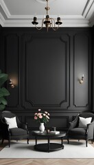 A traditional black decor featuring wall moldings, a coffee table, flowers, and armchairs. 3D render mockup of an illustration.