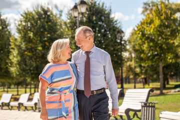 Happy elderly couple walking in the park