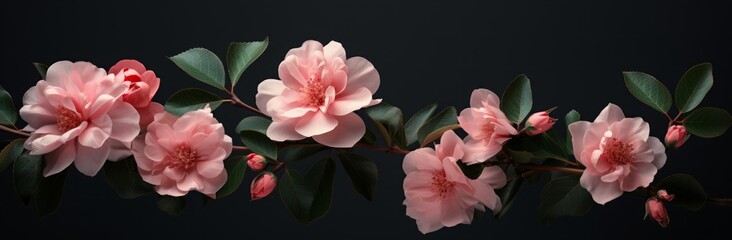 Fototapeta premium wallpapers of pink flowers with green leaves on a dark background