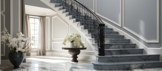 A grand foyer featuring a luxurious marble floor with a gray staircase leading to the upper level....