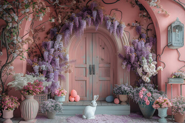 Fototapeta na wymiar realistic photographic stile, a light coral big vintage arched wooden door in the middle of tiffany wall