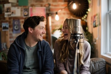 Two people are seen enjoying a great time while recording a podcast or a broadcast with visible microphones and cozy coffee shop ambiance