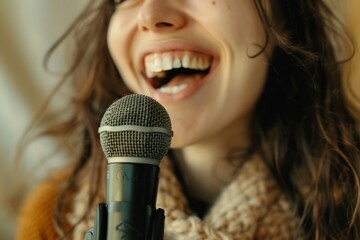 A close-up shot capturing the intensity of a singer with curly hair using a microphone - obrazy, fototapety, plakaty