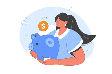 Savings. Volunteer. Woman with money. Female character standing with jar of coins. Moneybox. Vector flat illustration