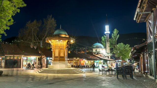 Sarajevo bascarsija in old town most popular sqaure in sarajevo bosnia and herzegovina sarajevo night.