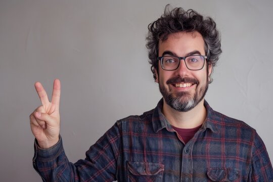 Smiling bearded man in glasses making peace sign with hand against a grey background