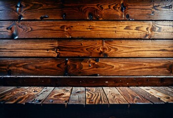 This image captures the perspective of polished wooden floorboards, showing the natural elegance and detail of the wood. Drops of water add a fresh dimension to the surface. AI generation