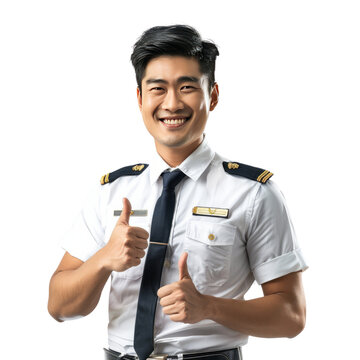 Portrait of asian male pilot, giving a thumbs up and smiling happily, waist up photo, isolated on white