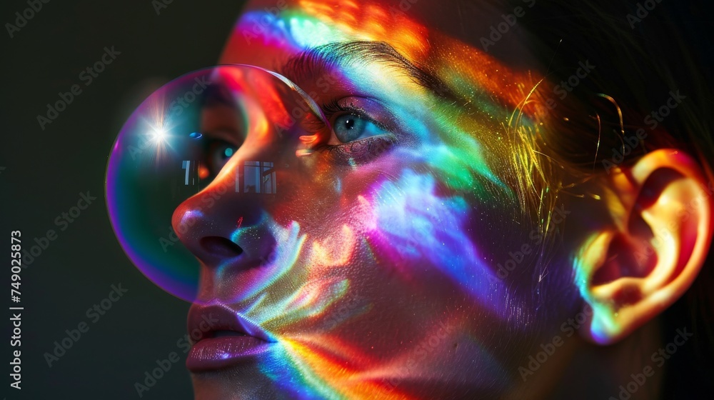 Poster Enchanting bubble floating and reflecting spectrum of light near a person's ear, creating an abstract and artistic visual