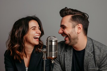 An expressive couple sharing a happy moment during a podcast session, illustrated by a retro-style...