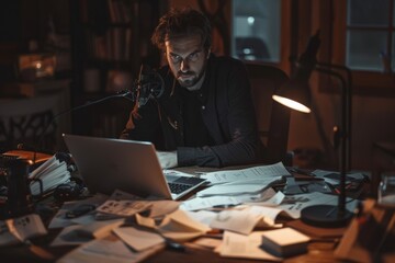 Fototapeta premium A focused man working at night surrounded by paperwork and clutter, implying a deadline or busy period