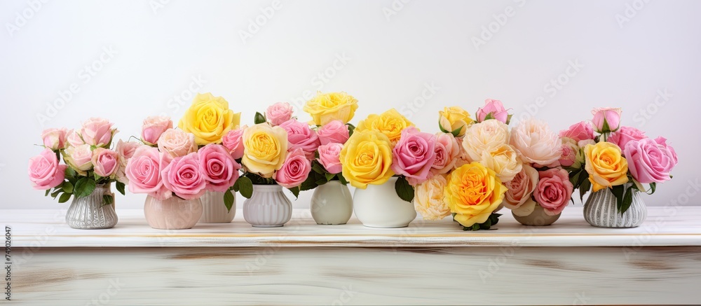 Poster A collection of vases on a vintage white wooden table, each holding vibrant pink and yellow roses against a plain white backdrop.