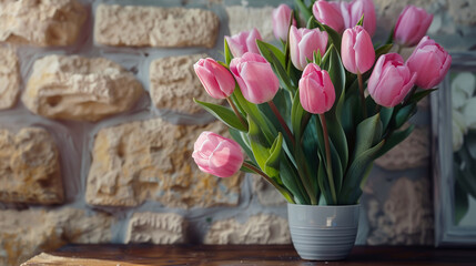 Bouquet of pink tulips in a vase on a table