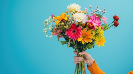 a hand holding a bunch of flowers blue background