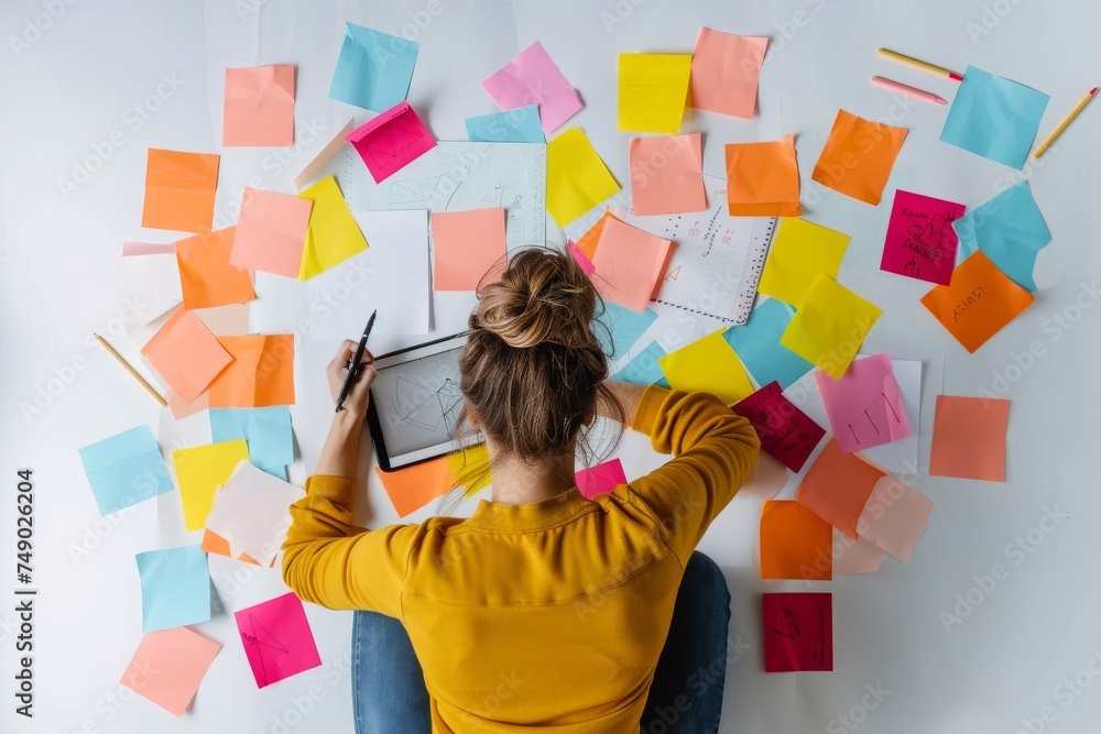 Poster a focused woman in a yellow sweater is working amidst a chaotic array of colorful sticky notes on a 