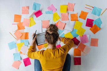 A focused woman in a yellow sweater is working amidst a chaotic array of colorful sticky notes on a white wall