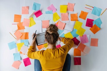 A focused woman in a yellow sweater is working amidst a chaotic array of colorful sticky notes on a...