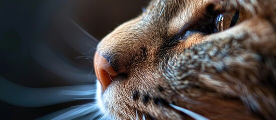 A detailed close-up of a cats face captured in macro photography, with a blurred background. The cats features are sharp and in focus, showing whiskers, fur texture, and bright eyes. - obrazy, fototapety, plakaty