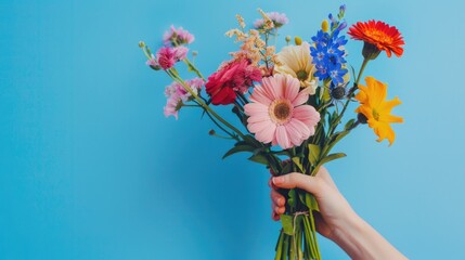 a hand holding a bunch of flowers blue background