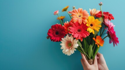 a hand holding a bunch of flowers blue background