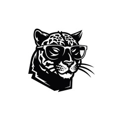 Vector leopard head with sunglasses isolated on white background. Black and white illustration.