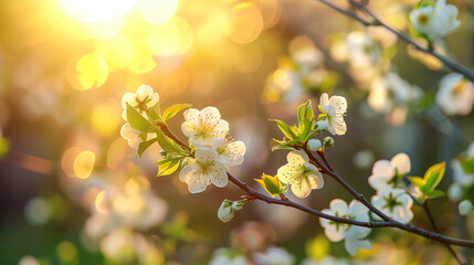 Blossoming branch of cherry in the rays of the setting sun - Powered by Adobe