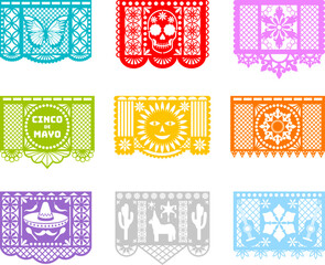set of papel picado. collection of colorful mexican decorative flags. cinco de mayo celebration pennants
