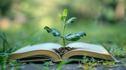 Green seedling growing from an open book on a blurred green background