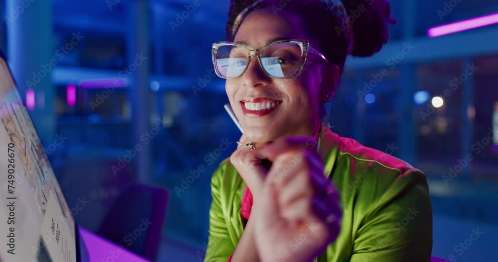 Aufkleber business, neon and woman with computer, typing and night with internet and connection. person, emplo