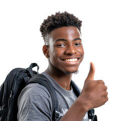 Portrait of black male student, giving a thumbs up and smiling happily, waist up photo, isolated on white