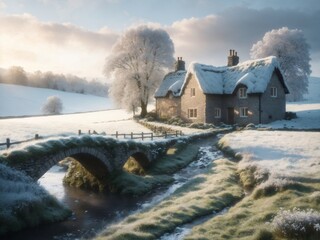 "Stormy Drama in the Dale: Gritty English Countryside Photography with Stone Bridge, Thatch Roof House, and Epic Lighting"