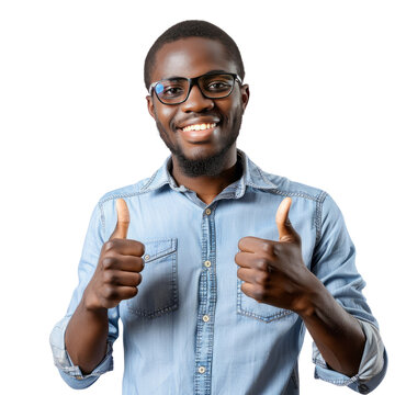Portrait of black male software developer, giving a thumbs up and smiling happily, waist up photo, isolated on white